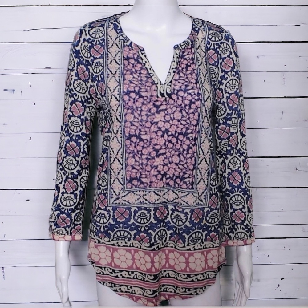 Lucky Brand blue pink floral V neck top blouse S